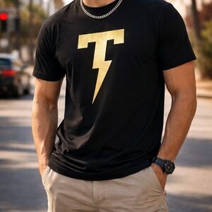 Men's Black Short-Sleeve Tee with Gold Bolt Graphic